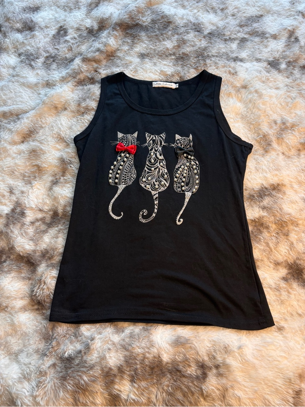 Women’s Black Cat-Graphic Tank Top with Bow Accents